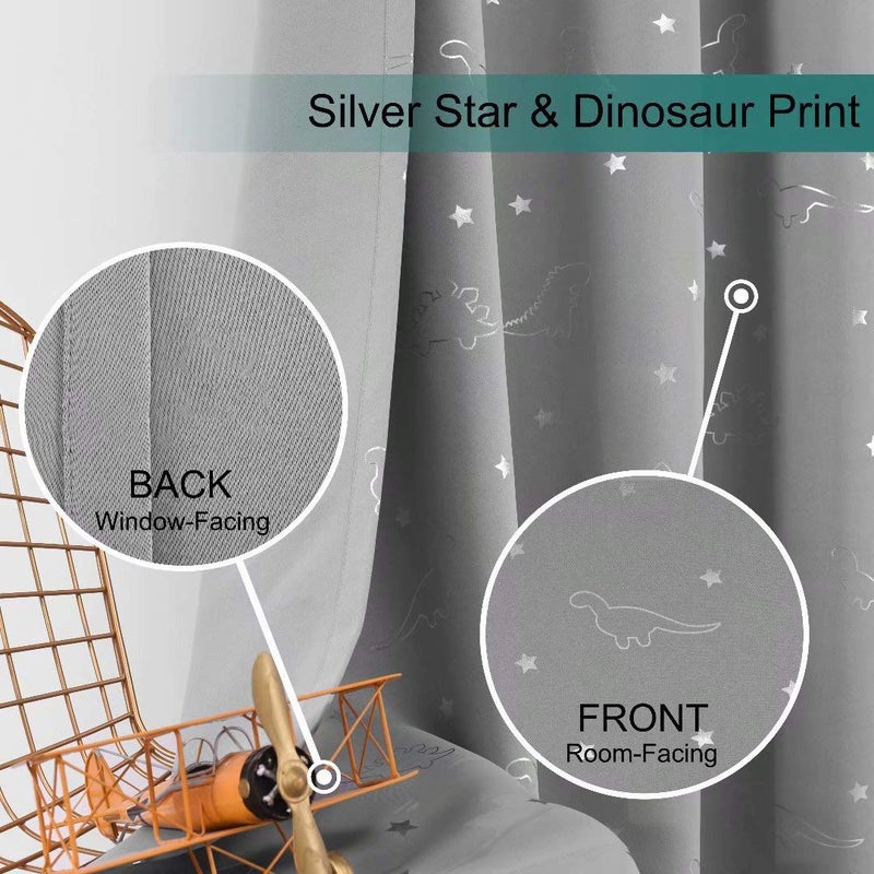 LORDTEX Dinosaur and Star Foil Print Blackout Curtains for Kids Room - Thermal Insulated Curtains Noise Reducing Window Drapes for Boys and Girls Bedroom, 52 x 63 Inch, Light Grey, Set of 2 Panels - Image 4